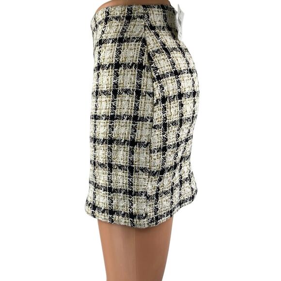 NEW Windsor Ivory Black Gold Metallic Tweed Plaid Mini Pencil Skirt Size S - Picture 2 of 5